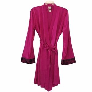 In Bloom Pink Satin Short Wrap Robe with Lace Trim